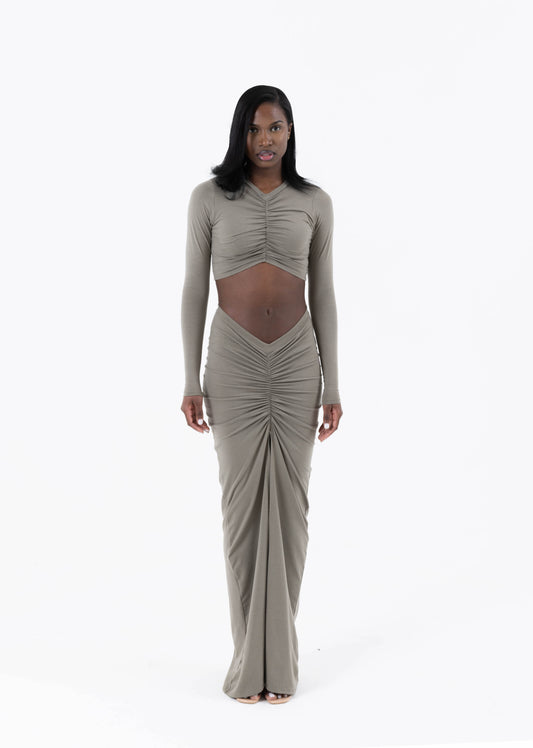 Krystal Ruched Maxi Skirt - Khaki