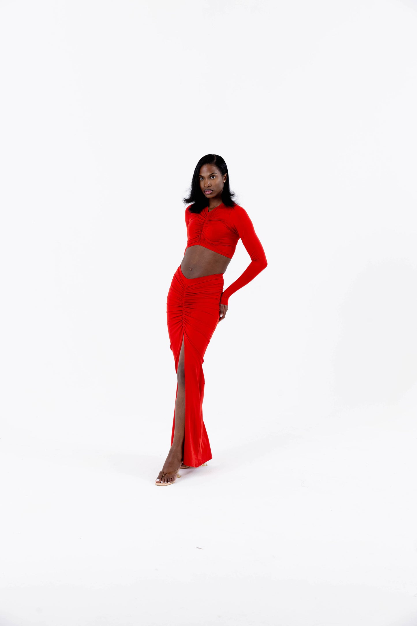 Krystal Ruched Maxi Skirt - Red
