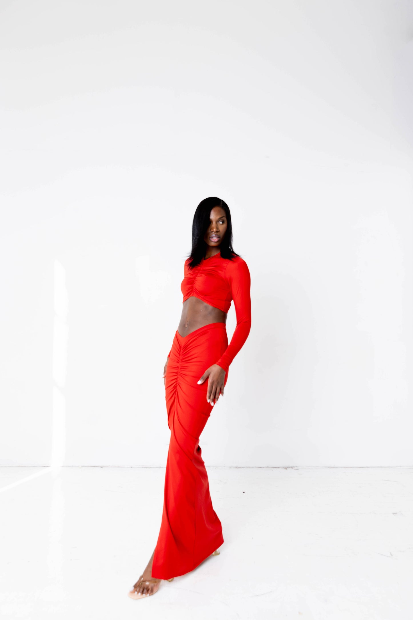 Krystal Ruched Maxi Skirt - Red