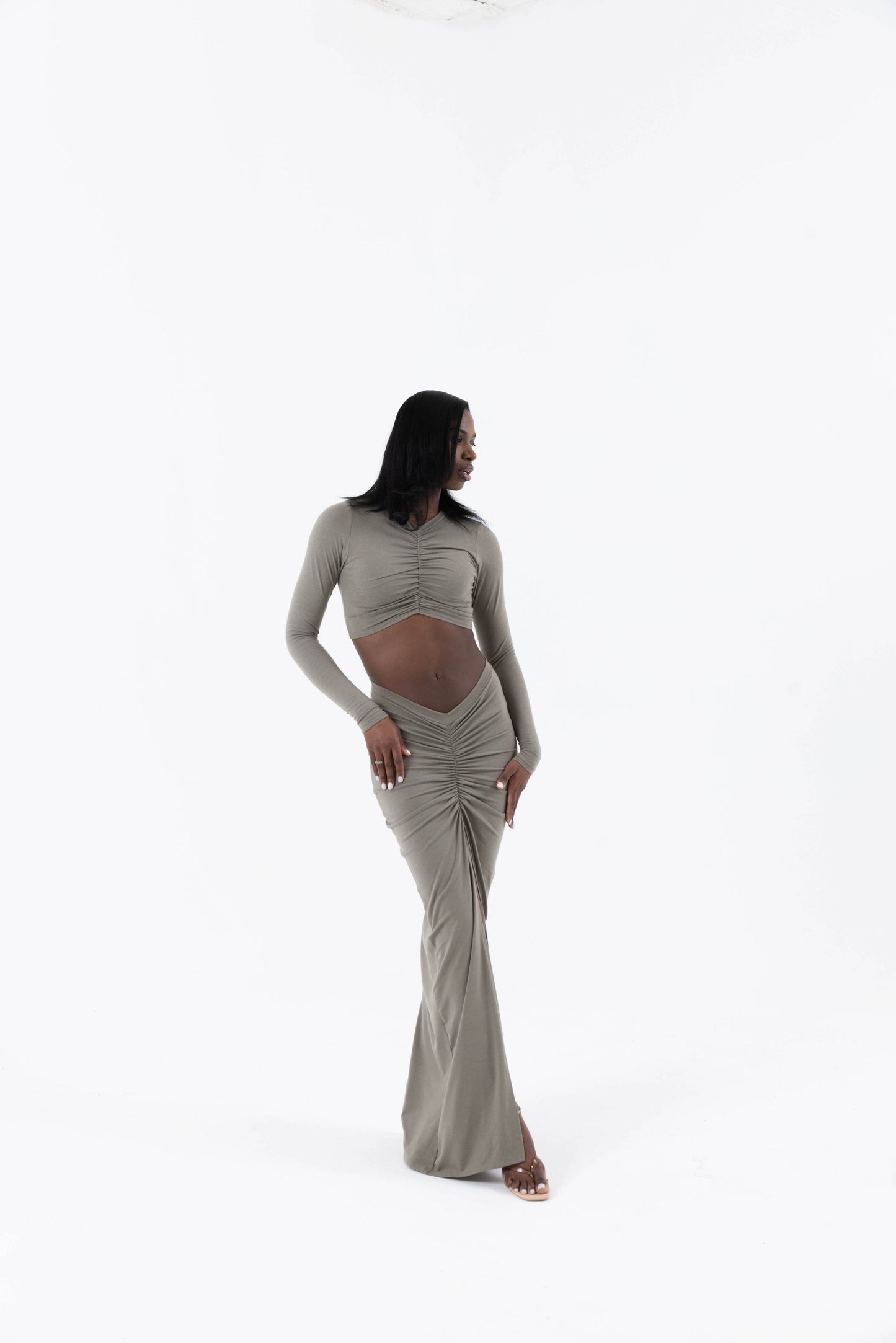 Krystal Ruched Maxi Skirt - Khaki