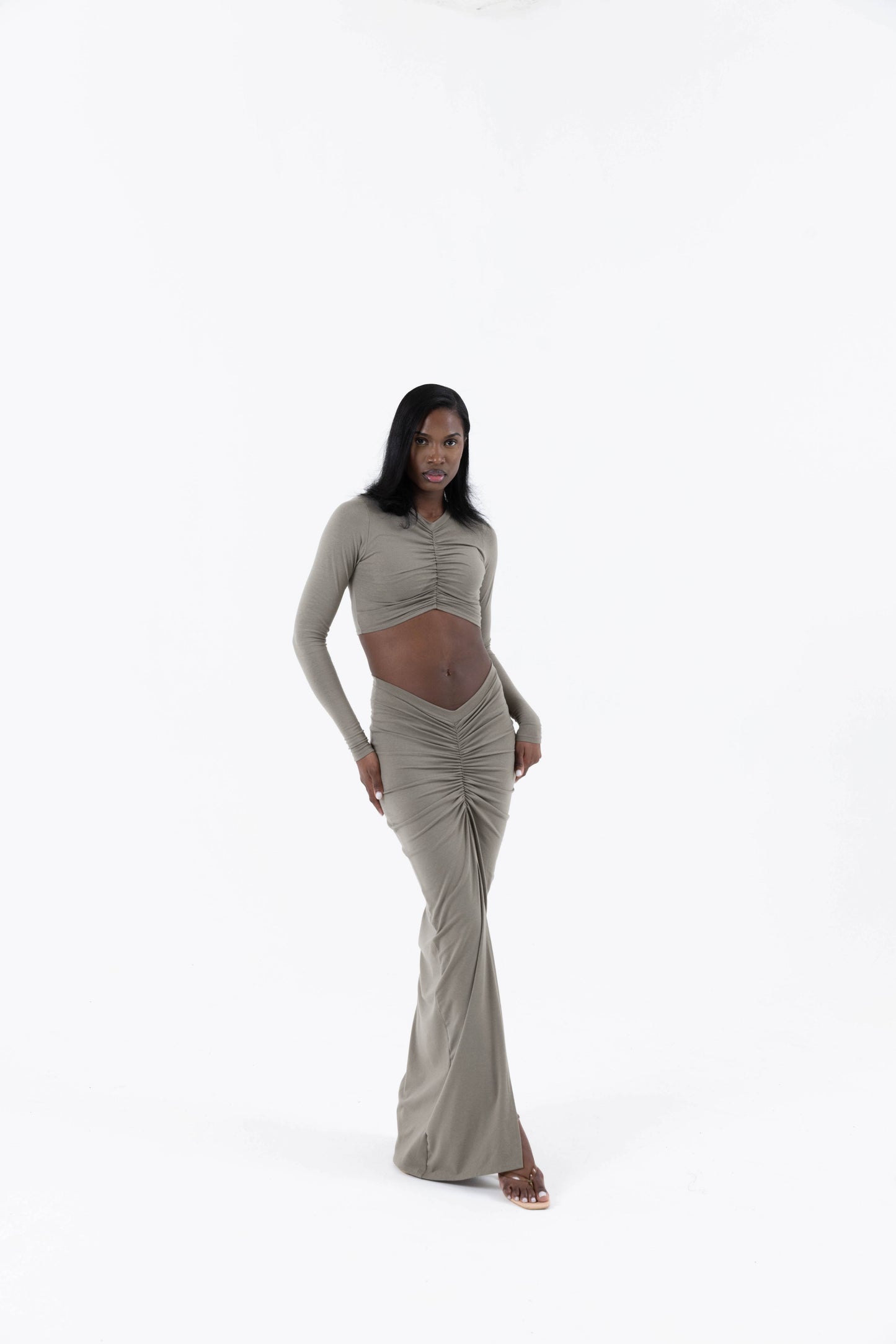 Krystal Ruched Maxi Skirt - Khaki