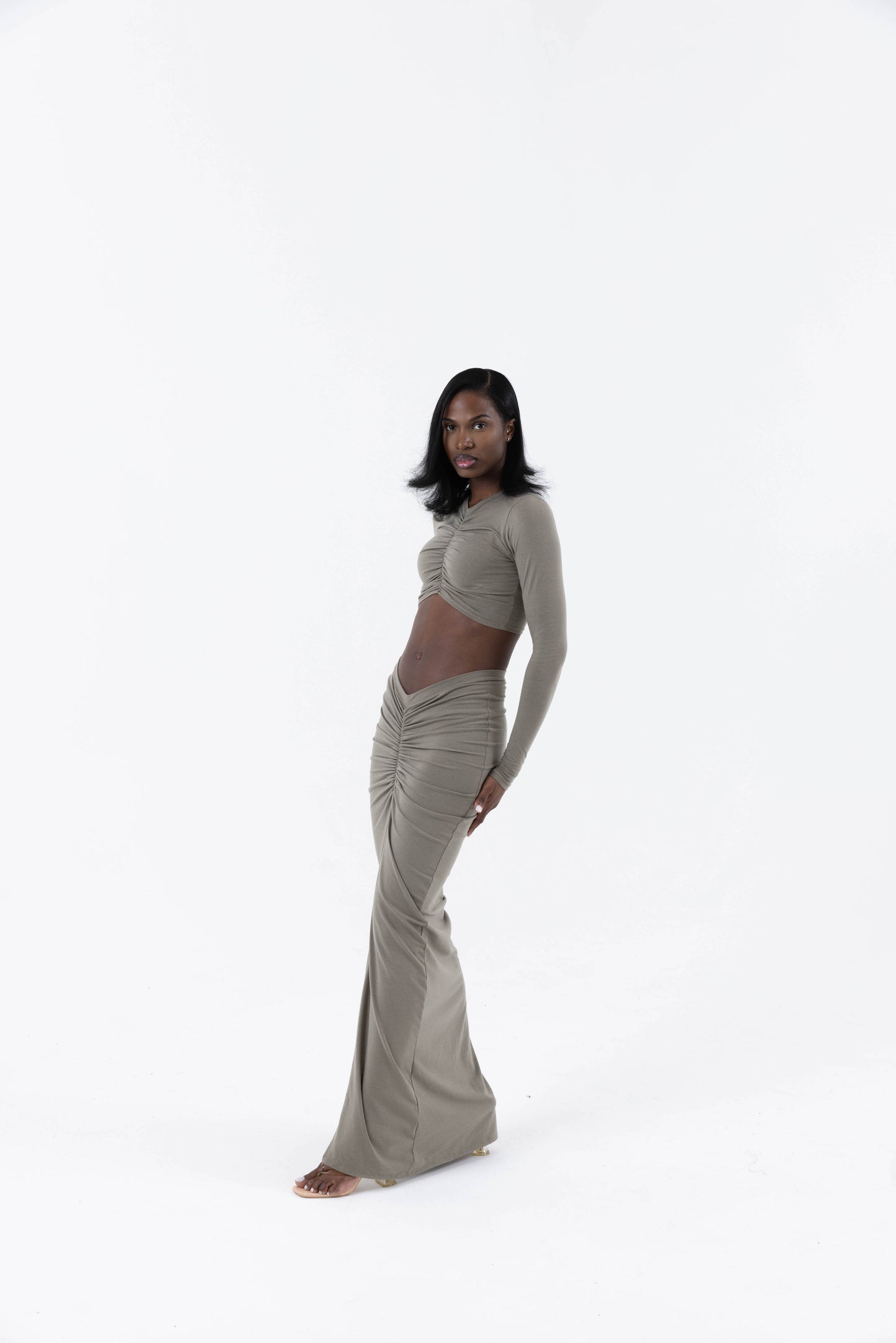 Krystal Ruched Maxi Skirt - Khaki