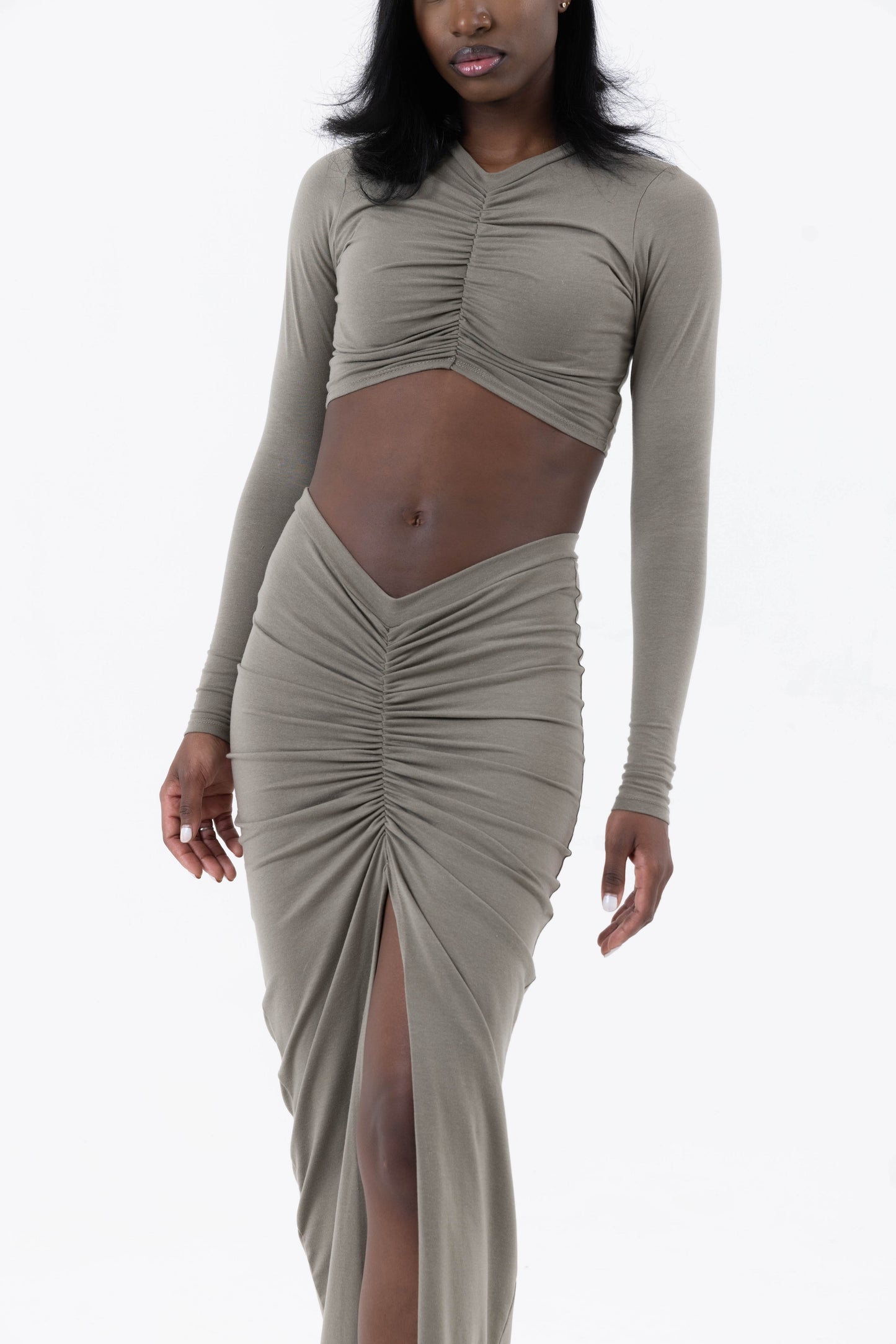 Krystal Ruched Maxi Skirt - Khaki