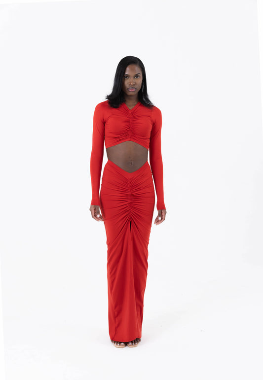 Krystal Ruched Maxi Skirt - Red