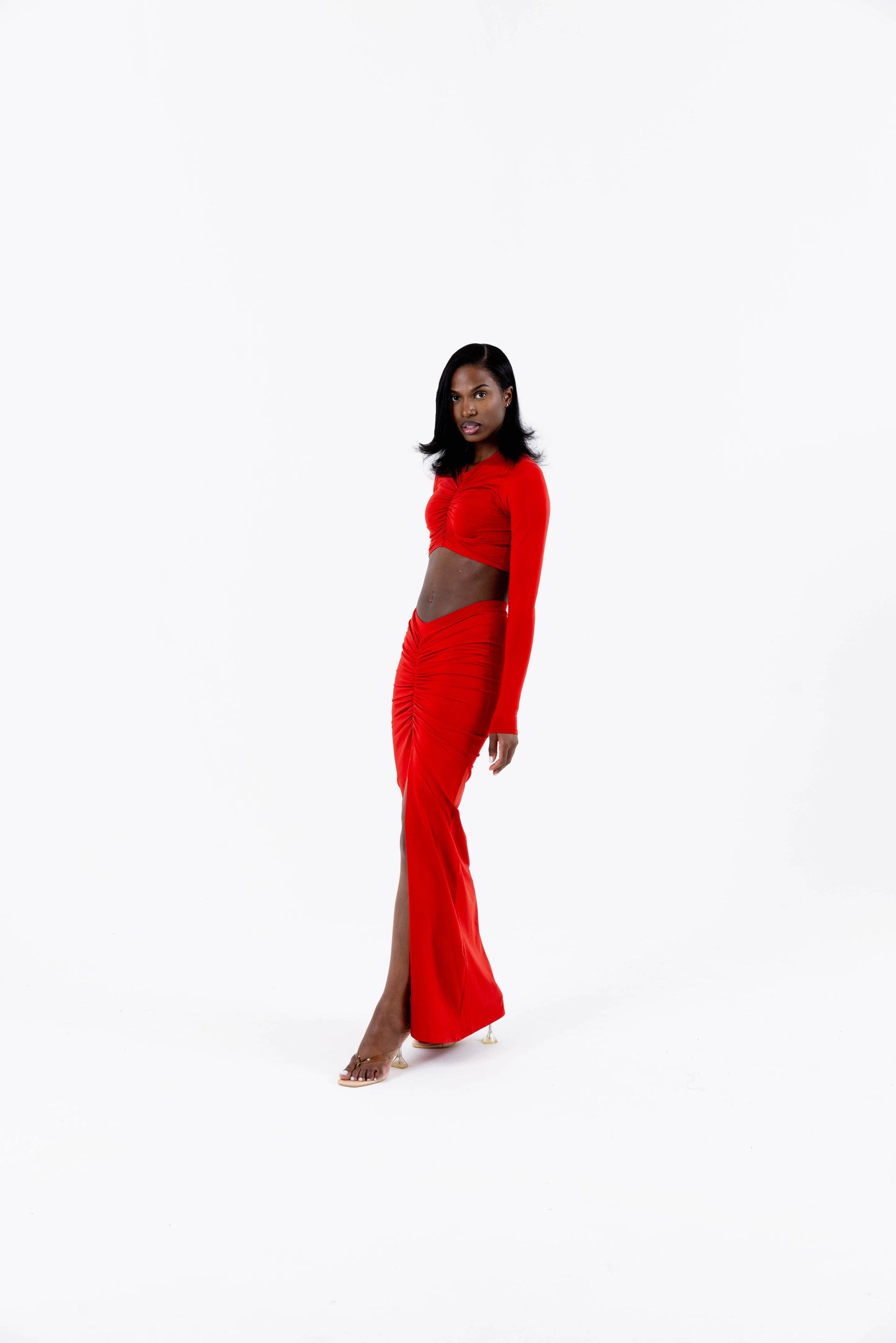 Krystal Ruched Long Sleeve Top - Red